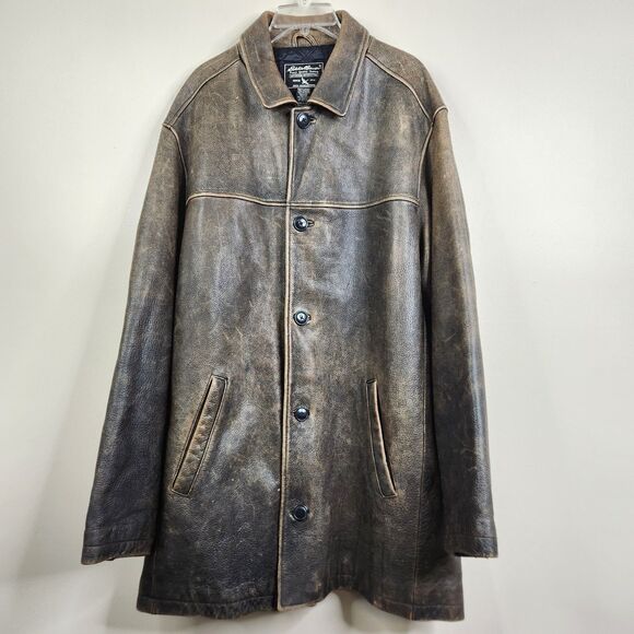 Eddie Bauer Mens Vintage Rustic Leather Full Button Cowboy Duster Coat XL - Picture 1 of 11